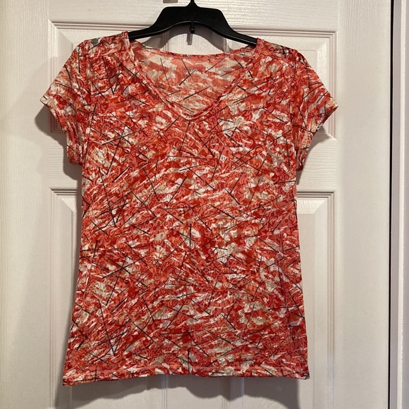 Relativity Red White Black Tan Floral V-Neck Cap Sleeve Top - Sz S - Picture 1 of 7